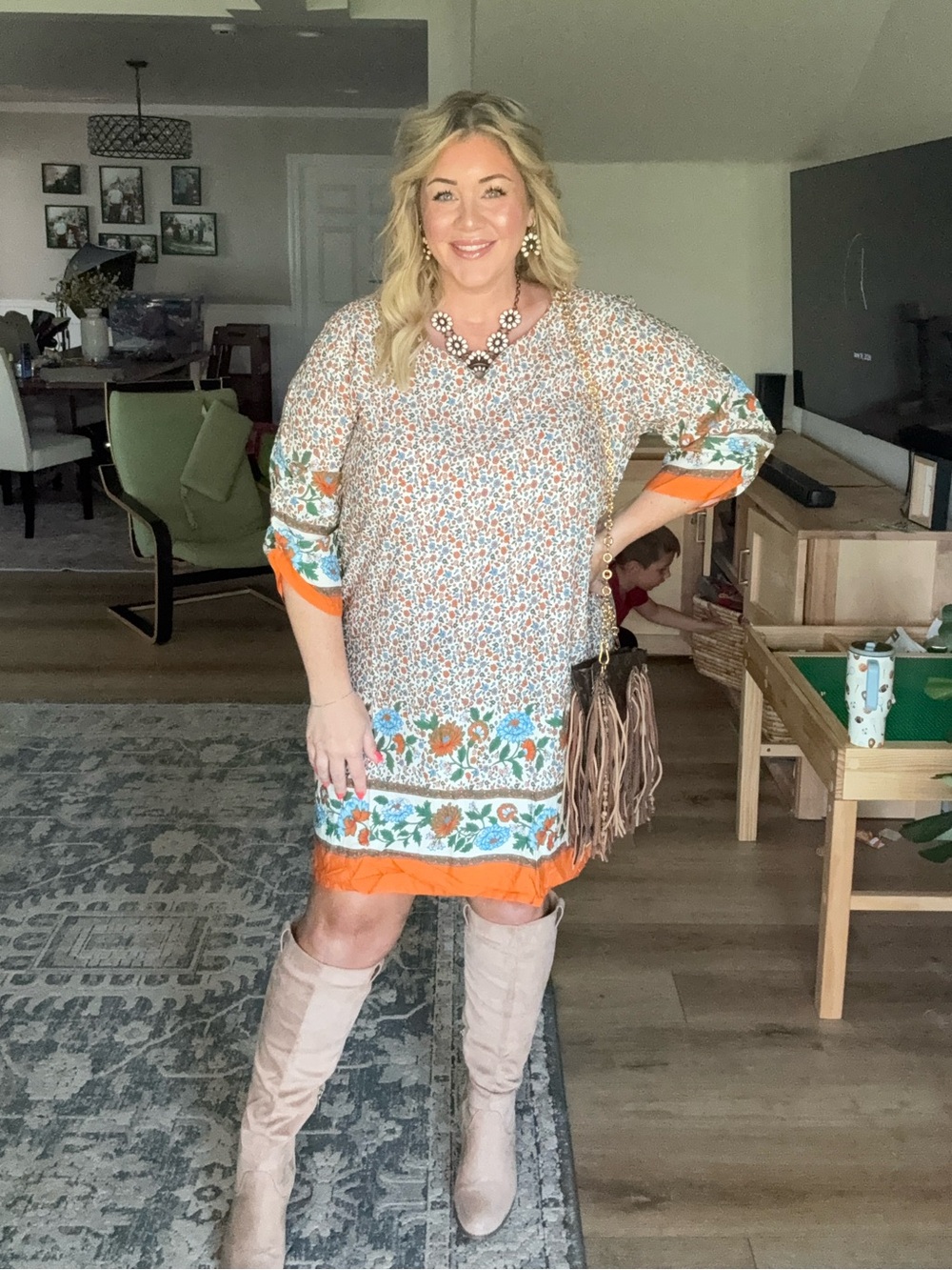 Floral Border Shift Dress in Orange and Cream